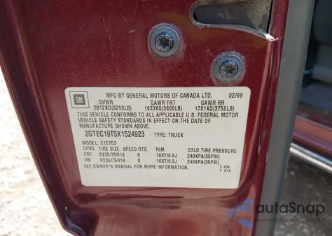 1999 GMC Sierra 1500 Sle from USA, damaged, VIN 2GTEC19T5X1524923